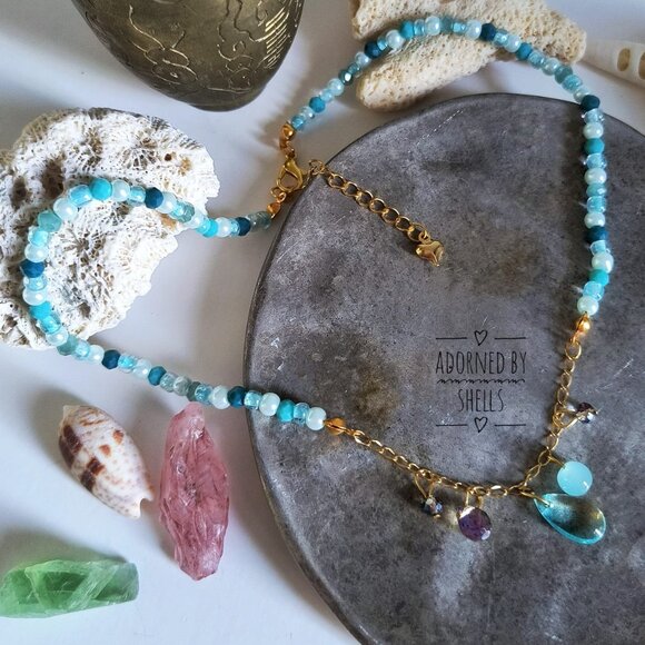 Beaded Chain Necklace Aqua Blue Crystals & Charms, Stainless Steel Heart Jewelry - Picture 8 of 9